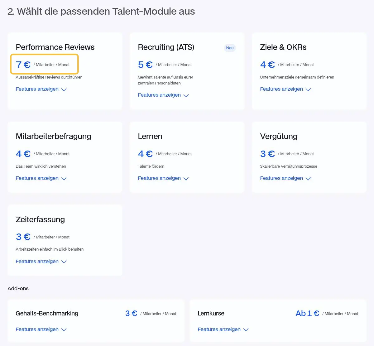 Preisseite von Leapsome mit sieben Talent-Modulen und zwei Add-ons, jedes mit eigenem Preis pro Mitarbeiter und Monat zwischen 1 und 7 Euro, der Preis für Performance Reviews gelb markiert