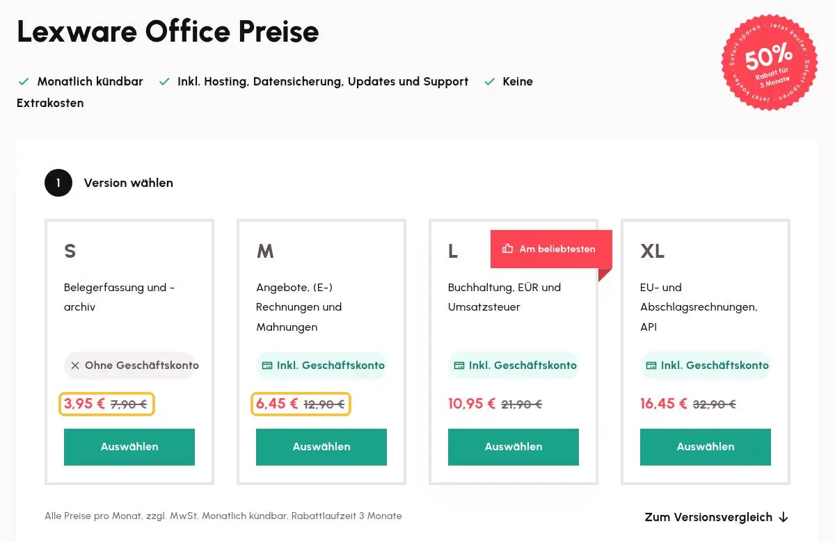 Preisseite von Lexware Office mit vier Paketen S, M, L und XL, die Preise von S und M gelb markiert: 7,90 und 12,90 Euro im Monat, in den ersten drei Monaten zum halben Preis