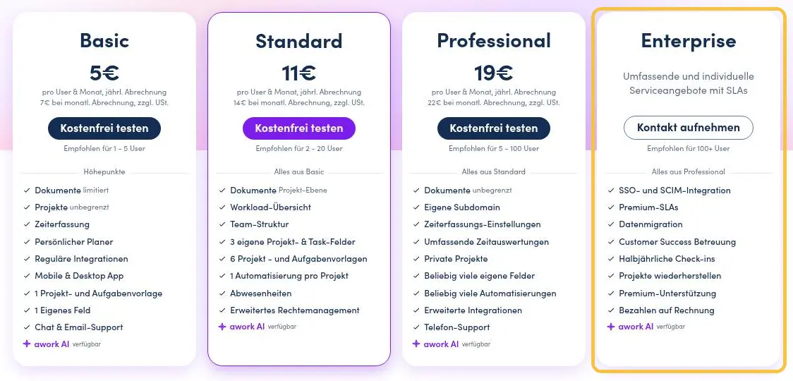 Preisseite von awork mit den Paketen Basic für 5 Euro, Standard für 11 Euro und Professional für 19 Euro pro User und Monat, daneben das gelb markierte Paket Enterprise ohne Preis mit Kontakt aufnehmen und dem Hinweis Empfohlen für 100+ User
