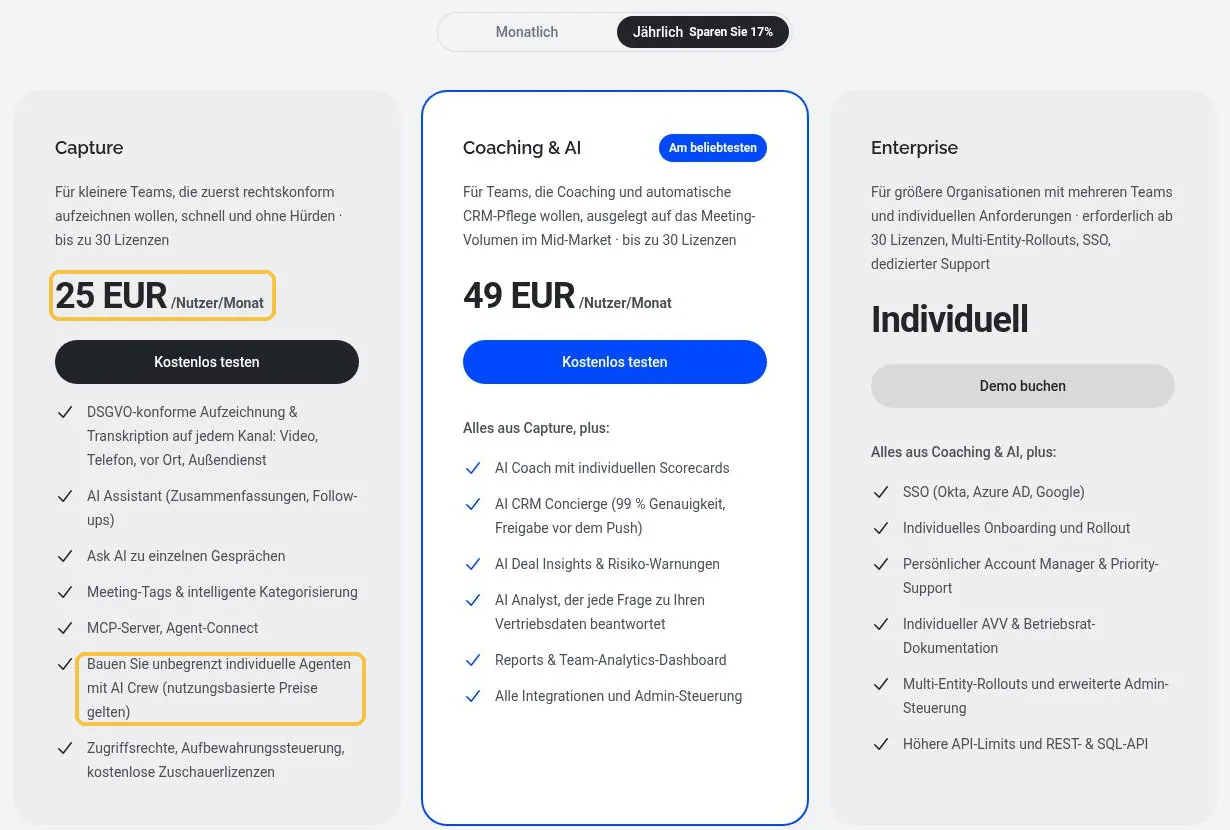 Preisseite von Demodesk in Euro mit den Paketen Capture für 25 Euro und Coaching & AI für 49 Euro pro Nutzer und Monat, gelb markiert der Seat-Preis und der Hinweis, dass für Agenten mit AI Crew nutzungsbasierte Preise gelten