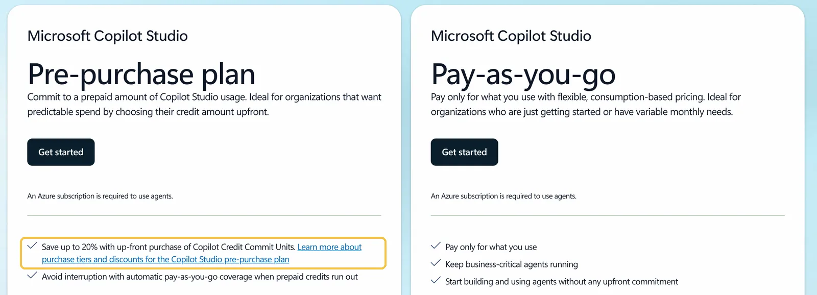 Preisseite von Microsoft Copilot Studio mit zwei Kaufwegen, Pre-purchase plan und Pay-as-you-go, gelb markiert die Ersparnis von bis zu 20 % beim Vorabkauf