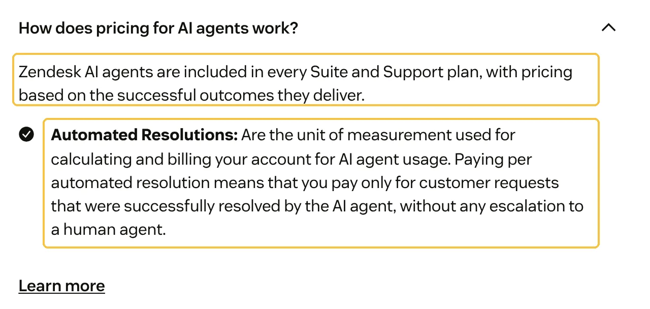 Zendesk erklärt auf der Preisseite die Abrechnung von KI-Agenten nach Automated Resolutions, gelb markiert