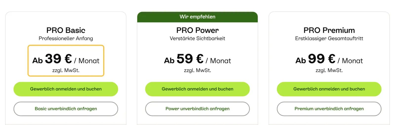 Preisseite von Kleinanzeigen PRO mit drei Paketen: PRO Basic ab 39 € pro Monat, PRO Power ab 59 €, PRO Premium ab 99 €, jeweils zzgl. MwSt. und mit dem Knopf „unverbindlich anfragen“