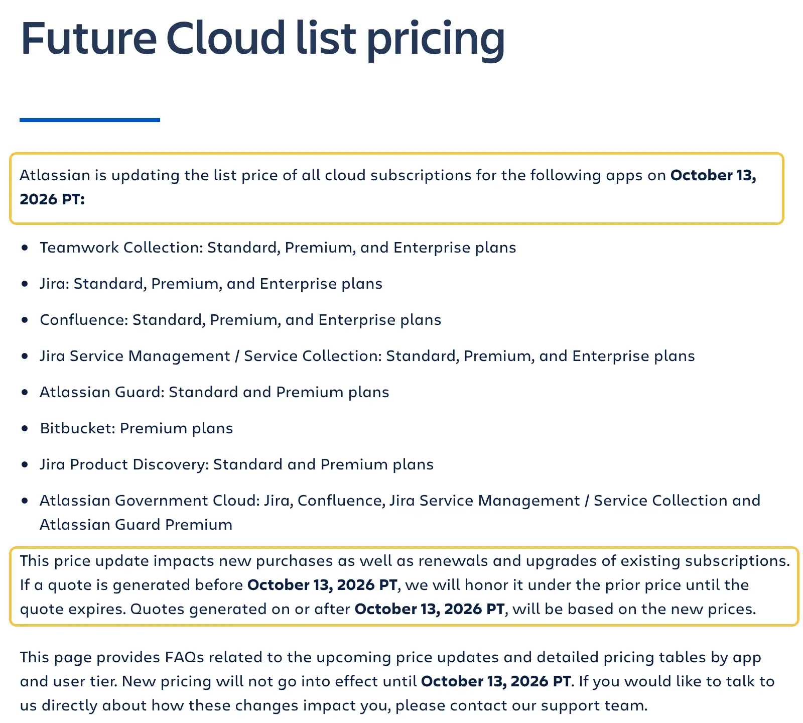 Ausschnitt der Atlassian-Seite „Future Cloud list pricing“: Die Listenpreise ändern sich am 13. Oktober 2026, die Änderung gilt auch für Verlängerungen bestehender Abos, Angebote von vor dem Stichtag gelten zum alten Preis bis zu ihrem Ablauf