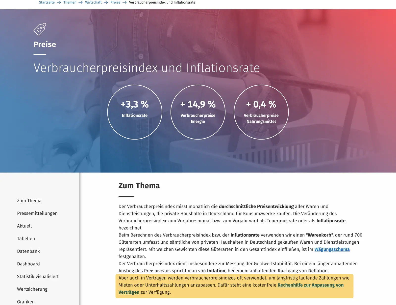 Seite des Statistischen Bundesamts zu Verbraucherpreisindex und Inflationsrate mit den aktuellen Kennzahlen, der Hinweis gelb markiert, dass Verbraucherpreisindizes in Verträgen oft zur Anpassung laufender Zahlungen genutzt werden