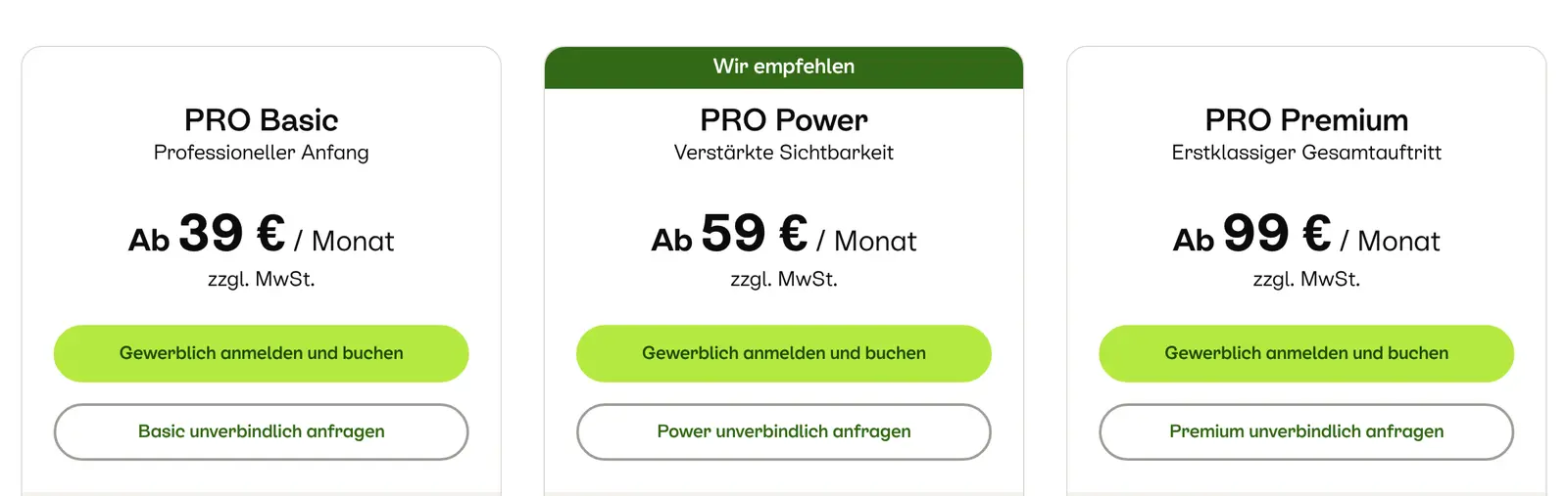 Preisseite von Kleinanzeigen PRO mit drei Paketen im Monatsabo: PRO Basic ab 39 €, PRO Power ab 59 € (empfohlen), PRO Premium ab 99 €, jeweils zzgl. MwSt.