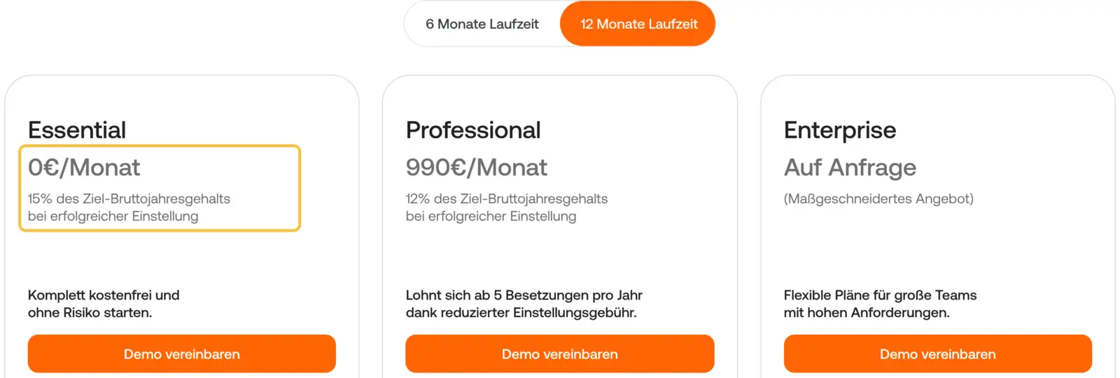 Preisseite von Instaffo mit drei Plänen: Essential für 0 € im Monat und 15 % des Ziel-Bruttojahresgehalts bei erfolgreicher Einstellung, Professional mit Monatsgebühr und 12 %, Enterprise auf Anfrage