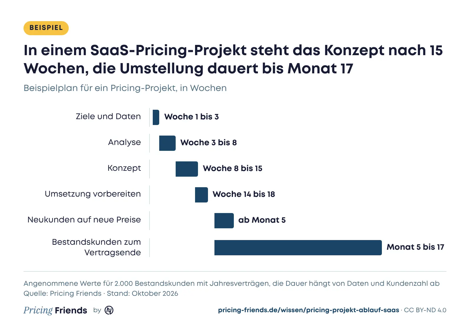 Zeitstrahl in Wochen: Ziele und Daten Woche 1 bis 3, Analyse Woche 3 bis 8, Konzept Woche 8 bis 15, Umsetzung vorbereiten Woche 14 bis 18, Neukunden ab Monat 5, Bestandskunden zum Vertragsende von Monat 5 bis 17