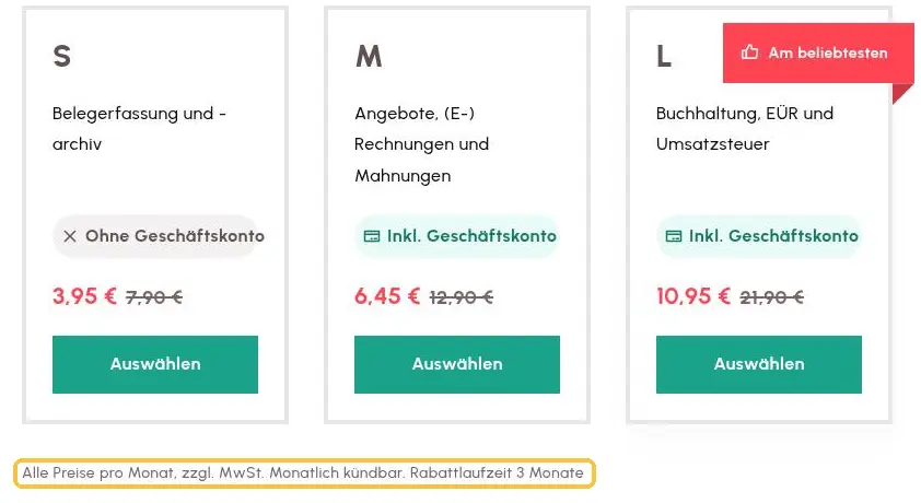 Preiskarten von Lexware Office mit dem Hinweis „Alle Preise pro Monat, zzgl. MwSt. Monatlich kündbar.“ unter den Paketen, gelb markiert