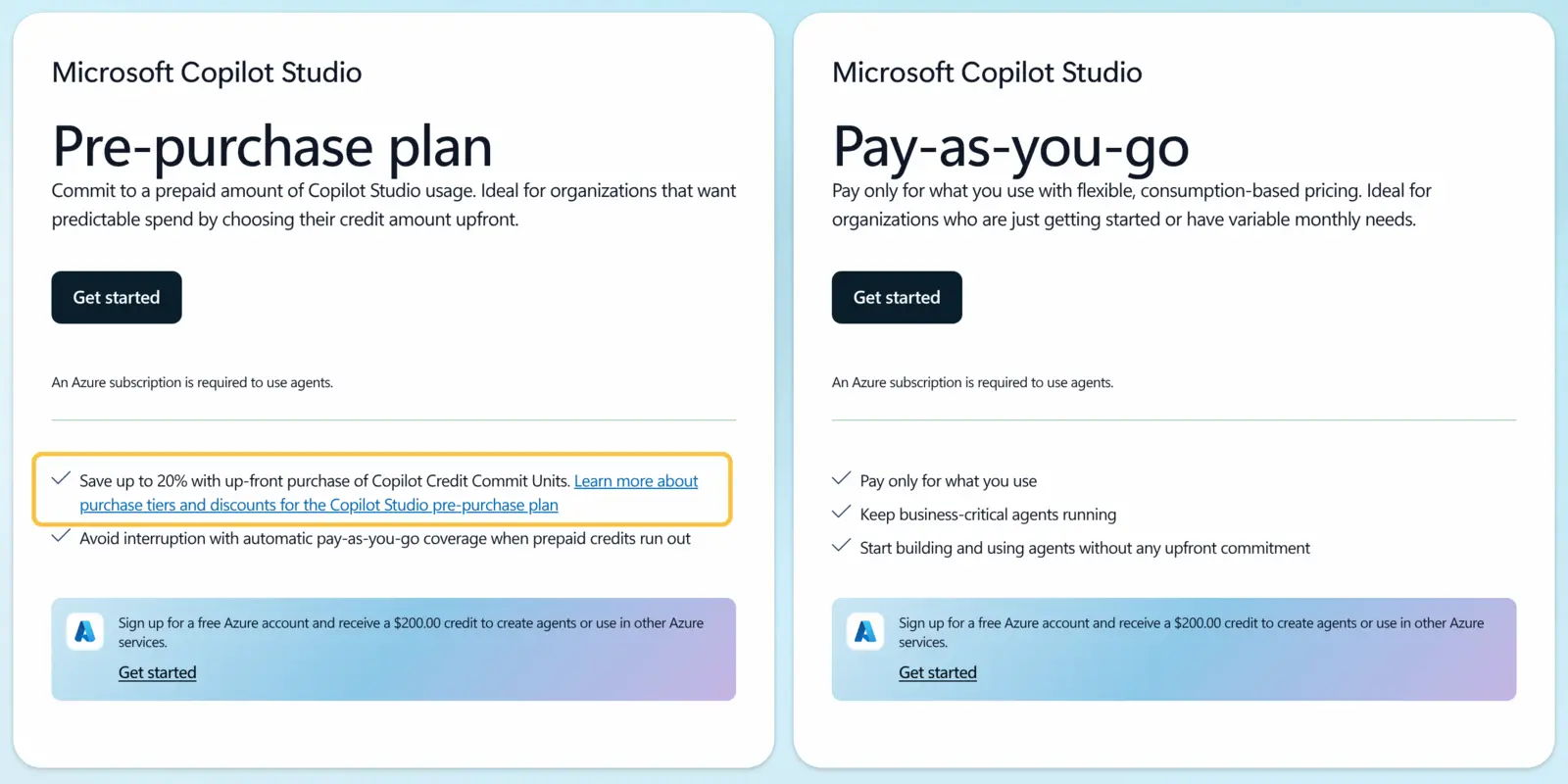 Seite von Microsoft Copilot Studio mit zwei Abrechnungswegen, Pre-purchase plan und Pay-as-you-go, der Hinweis auf bis zu 20 % Ersparnis beim Vorabkauf gelb markiert